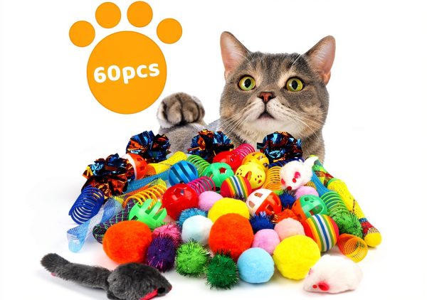 QUOZUO Cat Toys Pack 60pcs Balls Springs Mice Interactive-1
