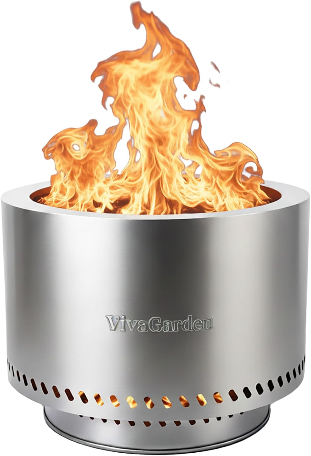 VivaGarden smokeless fire pit in a backyard setting with flames glowing