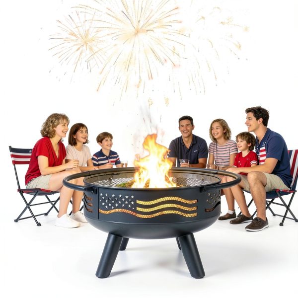 BreezZ American Flag Fire Pit Metal Wood Burning Outdoor-6