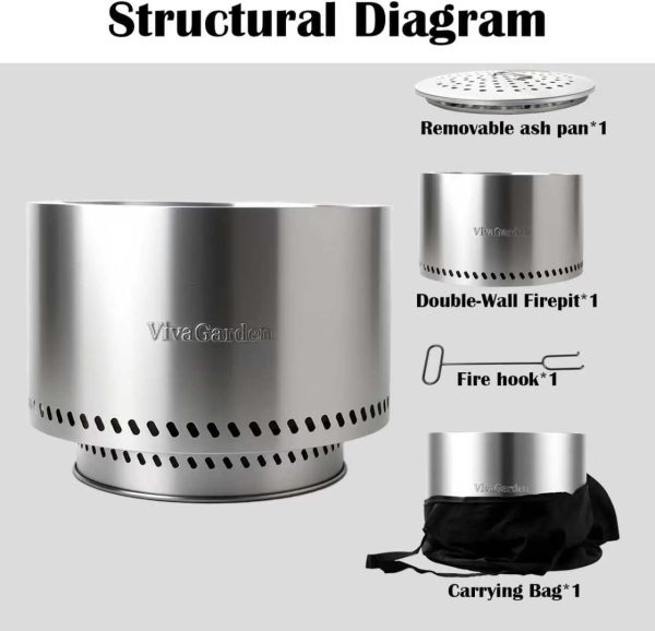 VivaGarden Smokeless Fire Pit Stainless Steel Outdoor-6