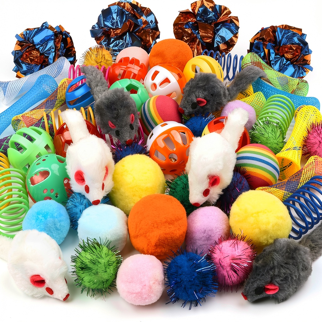 QUOZUO cat toys pack displayed on a carpet with a playful cat