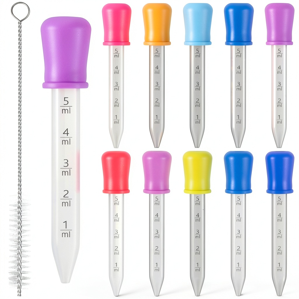 SenseYo 5ML Medicine Dropper set being used to administer liquid medication to a toddler on a wooden kitchen table